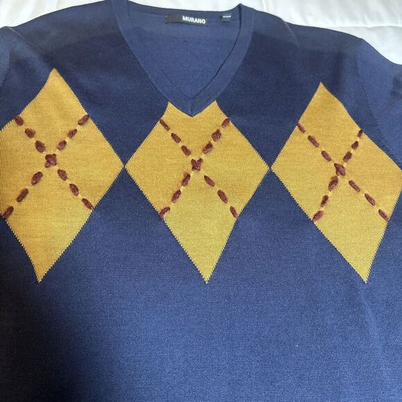 Murano Acrylic V-Neck Lightweight Pullover Sweater Navy Argyle Size Large L - Picture 6 of 13